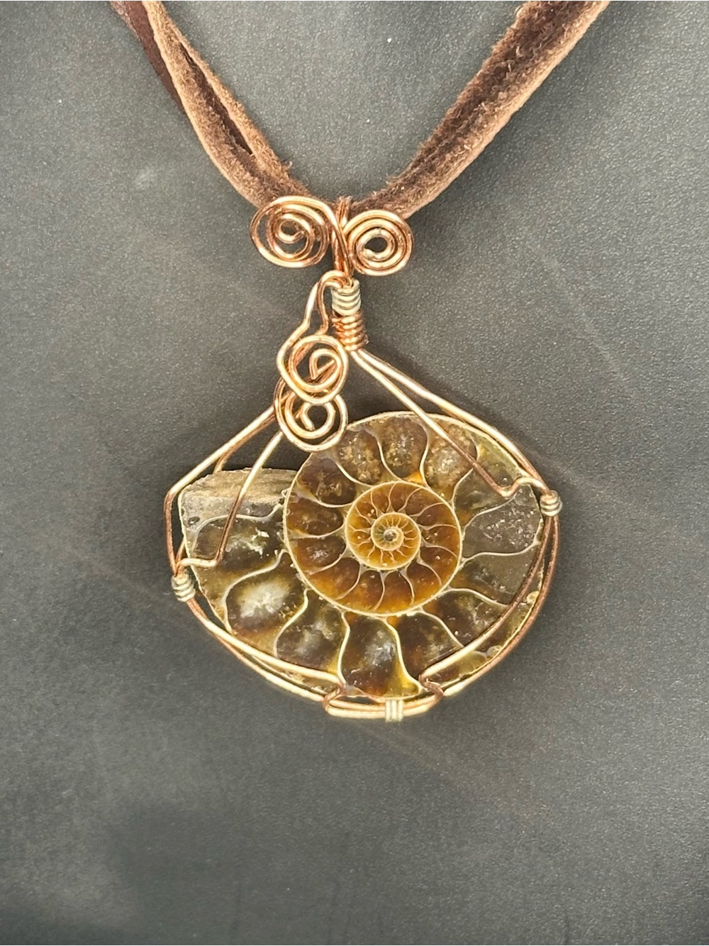 Ammonite Fossil Pendant Necklace Wire Wrapped Copper Tone Handmade Artisan Boho - Picture 6 of 8